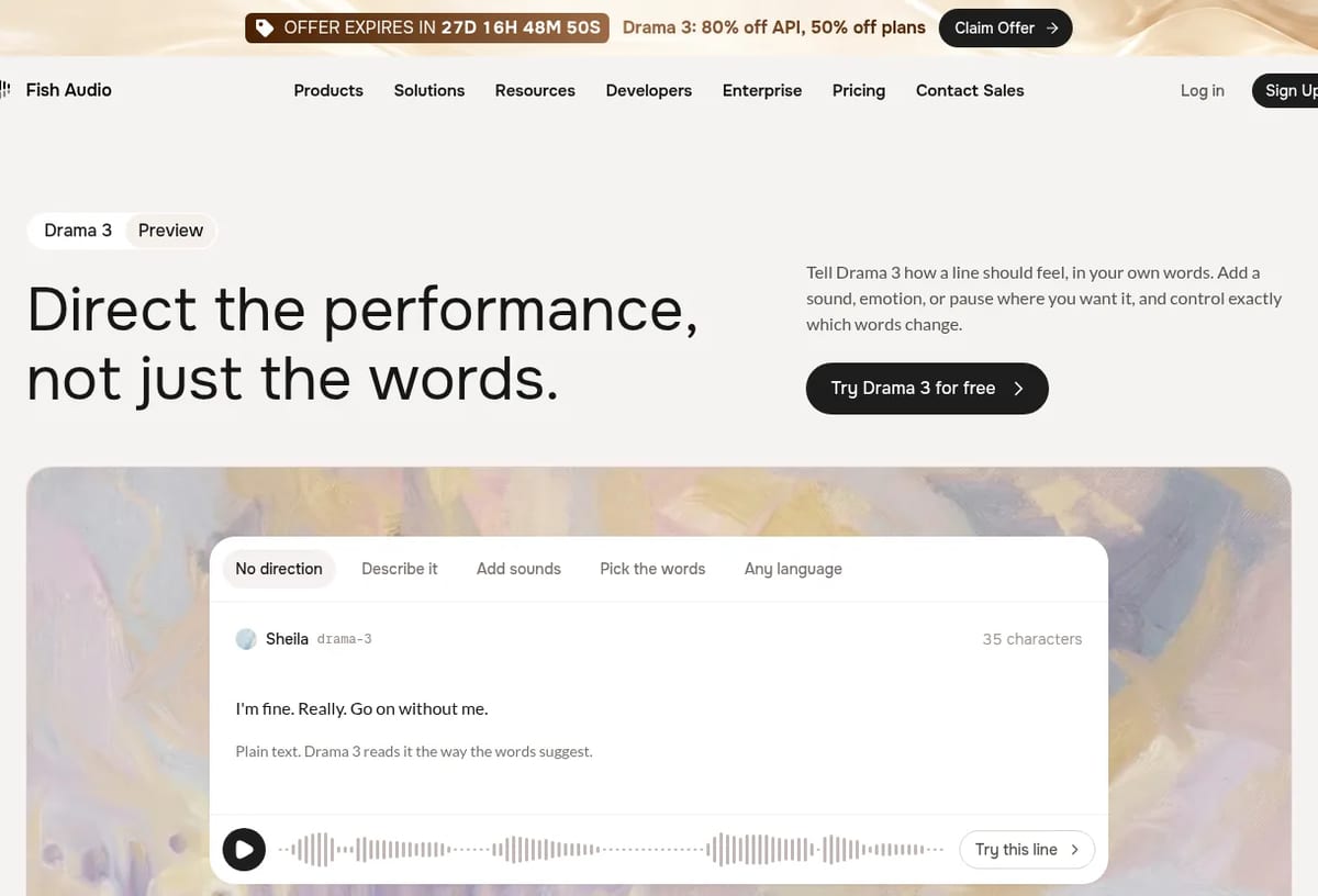 Fish Audio Drama 3 Preview page: direct the performance with plain-text tags, sounds and scoped words