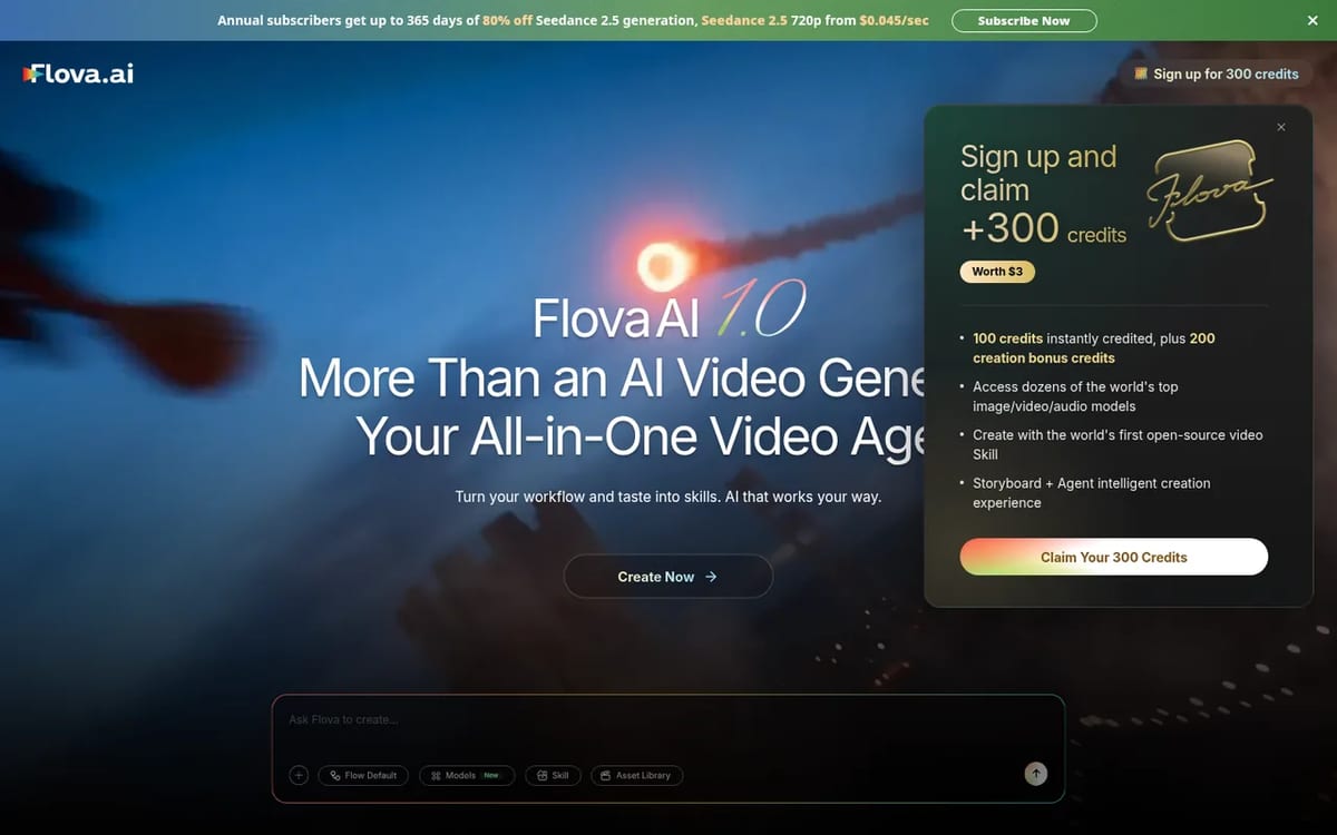 Flova AI home screen with the agent chat box, Skills, Models and Asset Library