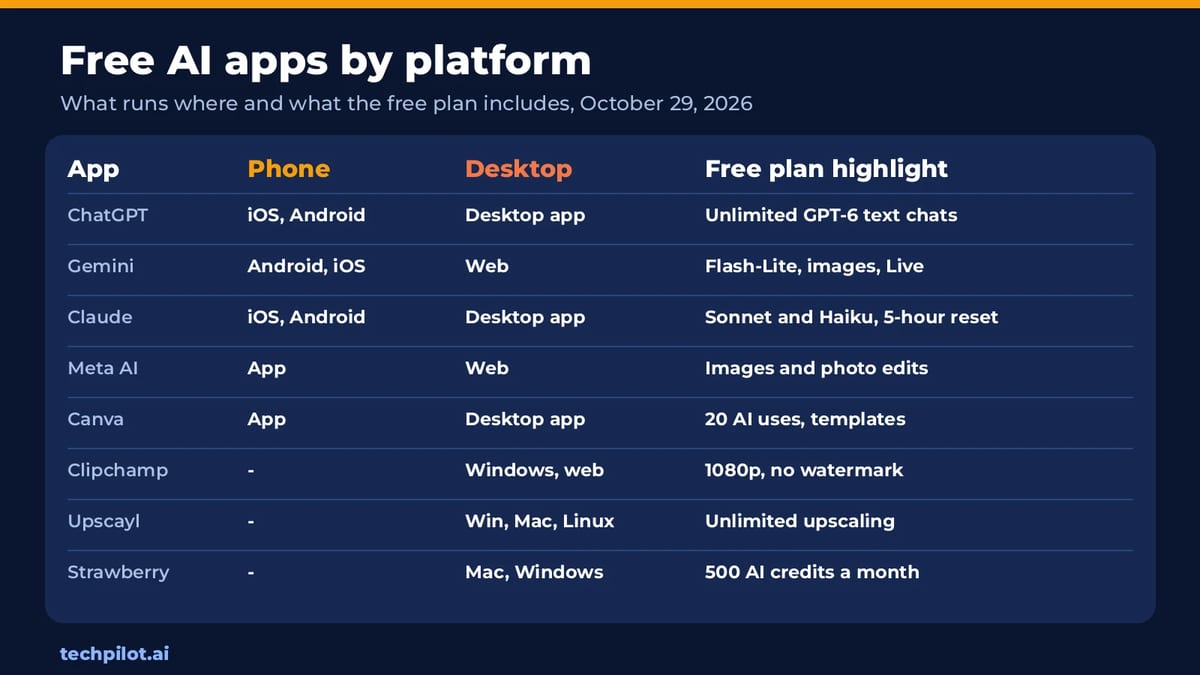 Free AI apps by platform: ChatGPT, Gemini, Claude, Meta AI, Canva, Clipchamp, Upscayl and Strawberry