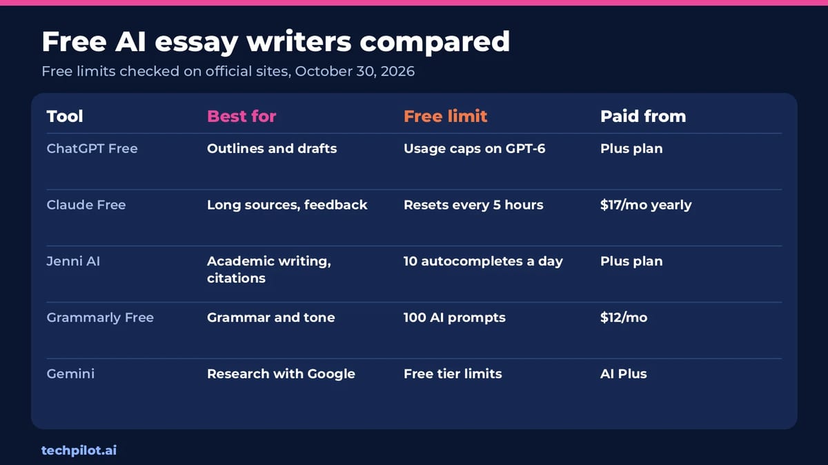 Free AI essay writers compared by best use, free limit and paid price