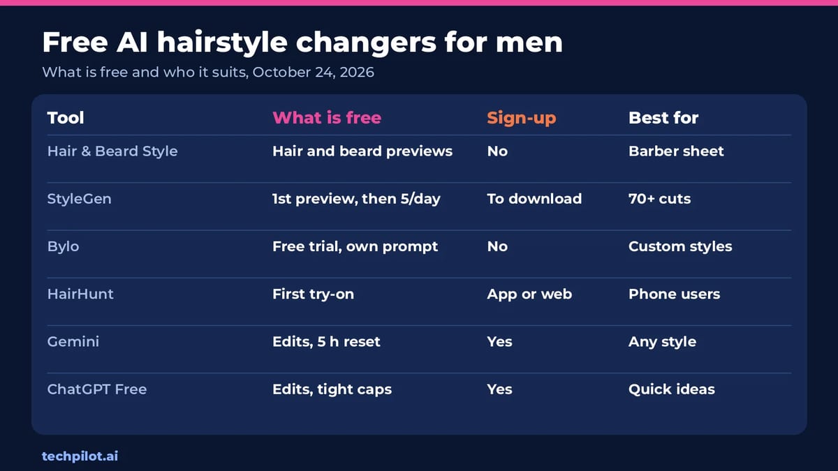 Free AI hairstyle changers for men compared: free limits, sign-up and best use