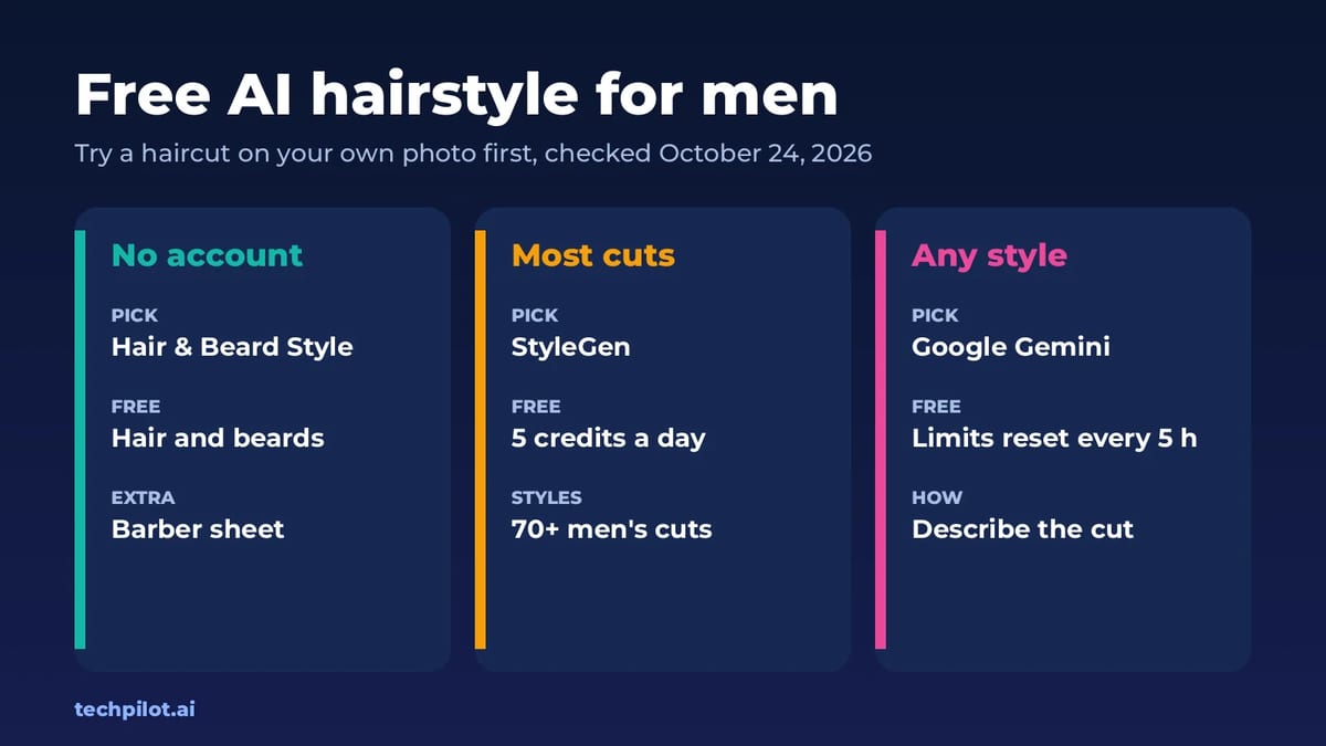 Free AI hairstyle male try-on: Hair & Beard Style, StyleGen and Gemini compared