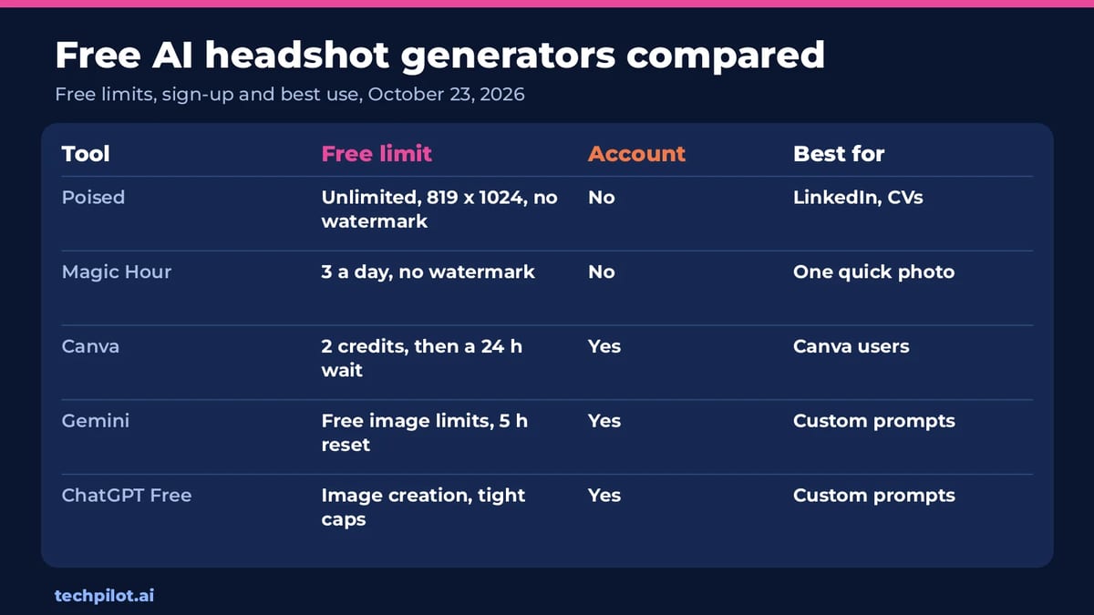 Free AI headshot generators compared: free limits, sign-up and best use