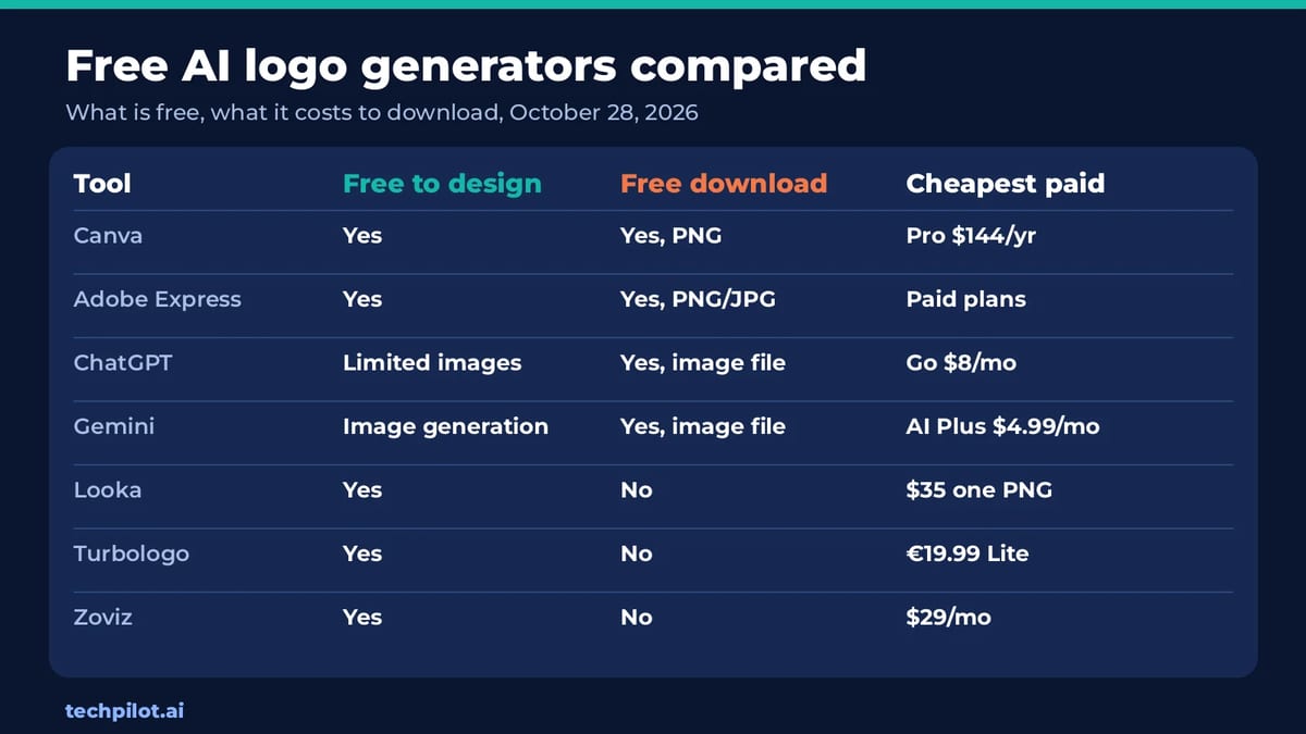Free AI logo generators compared by free design, free download and price