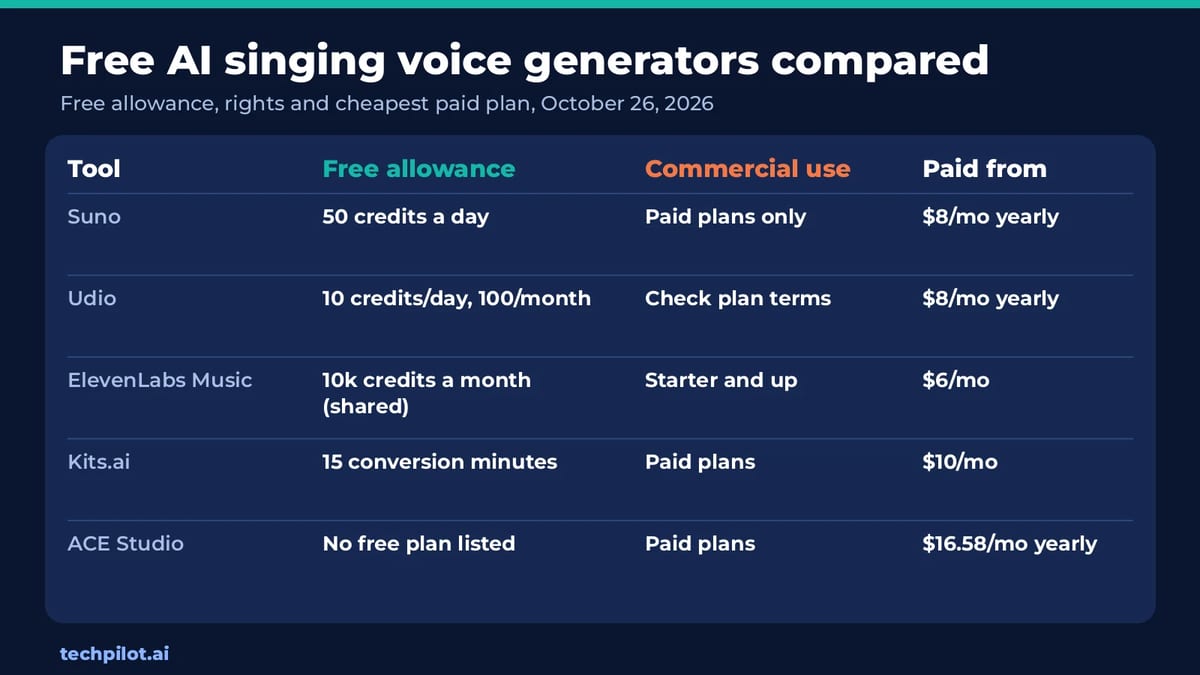Free AI singing voice generators compared by free allowance, commercial use and price