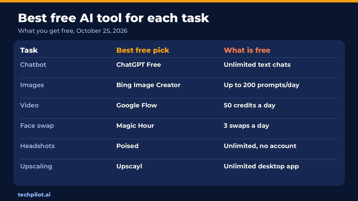Best free AI tool for each task with what is free