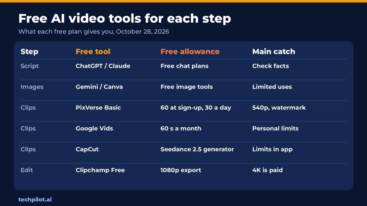 Free AI video tools for each step with free allowances and limits