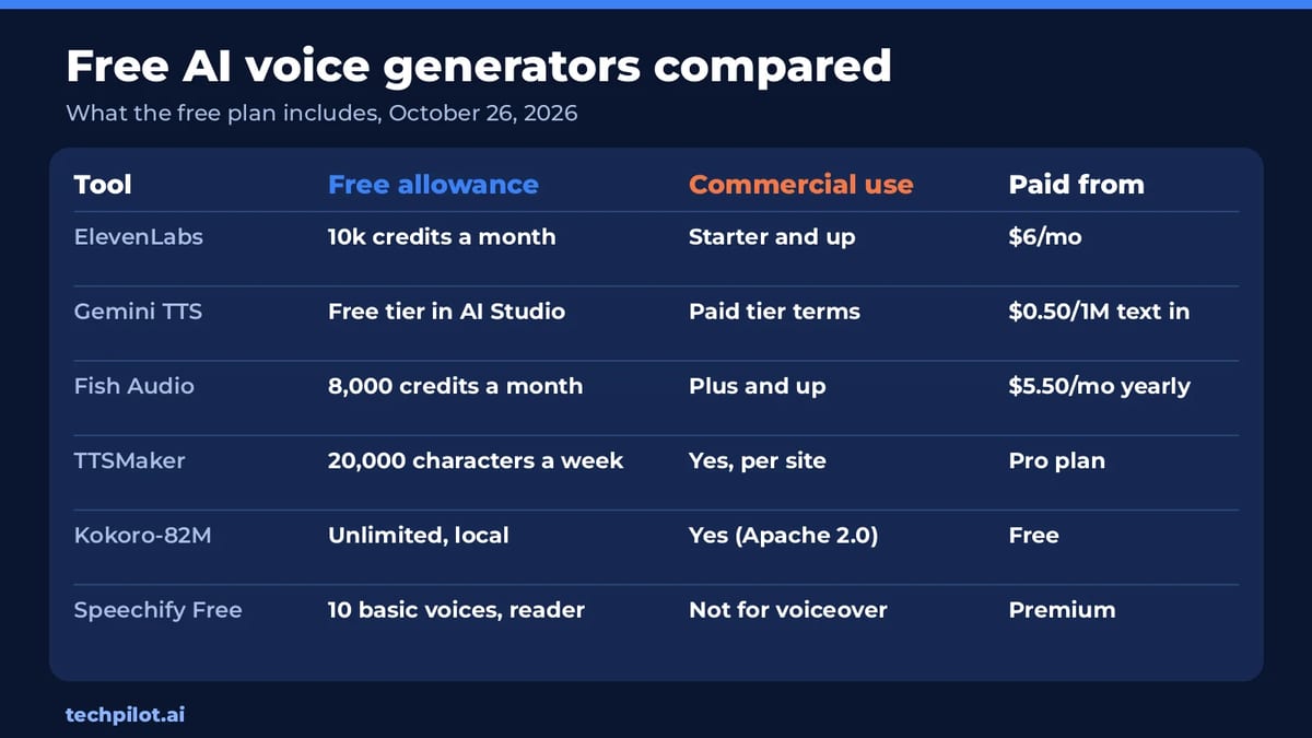 Free AI voice generators compared by free allowance, commercial use and price