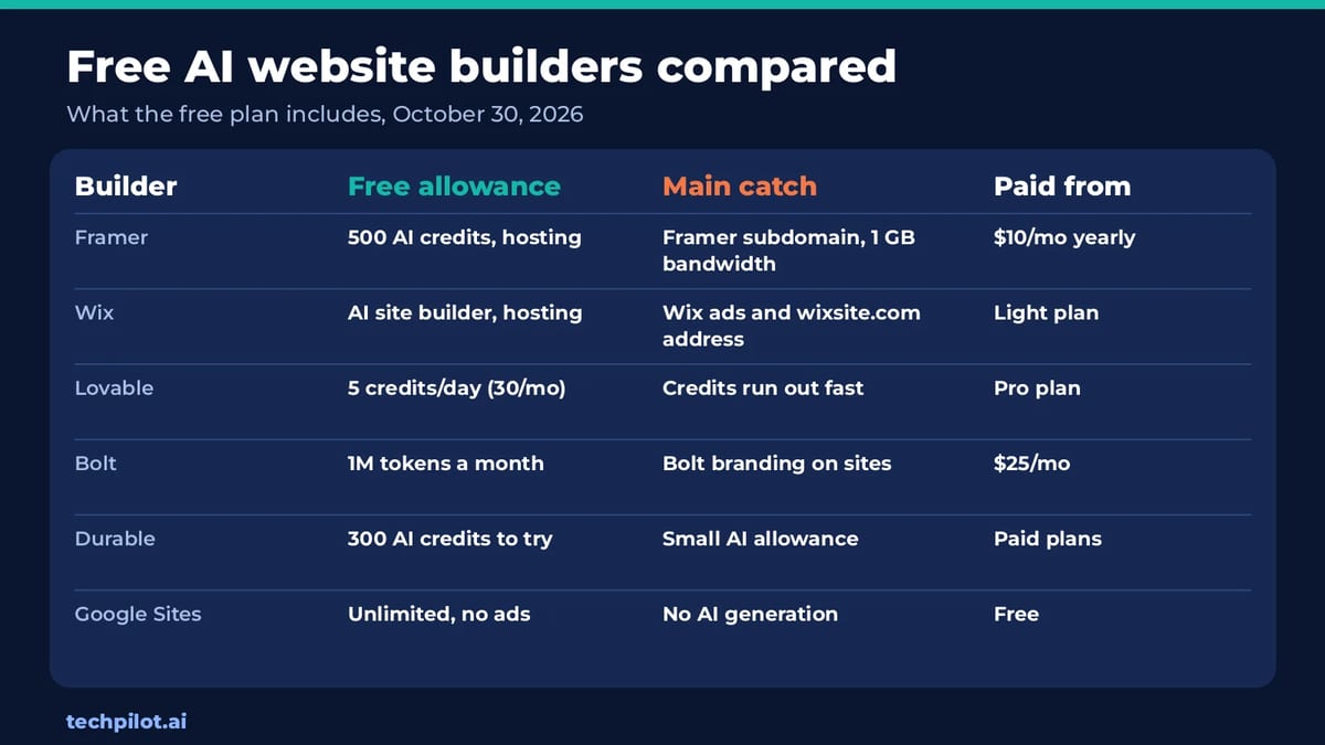 Free AI website builders compared: free allowance, catch and cheapest paid plan