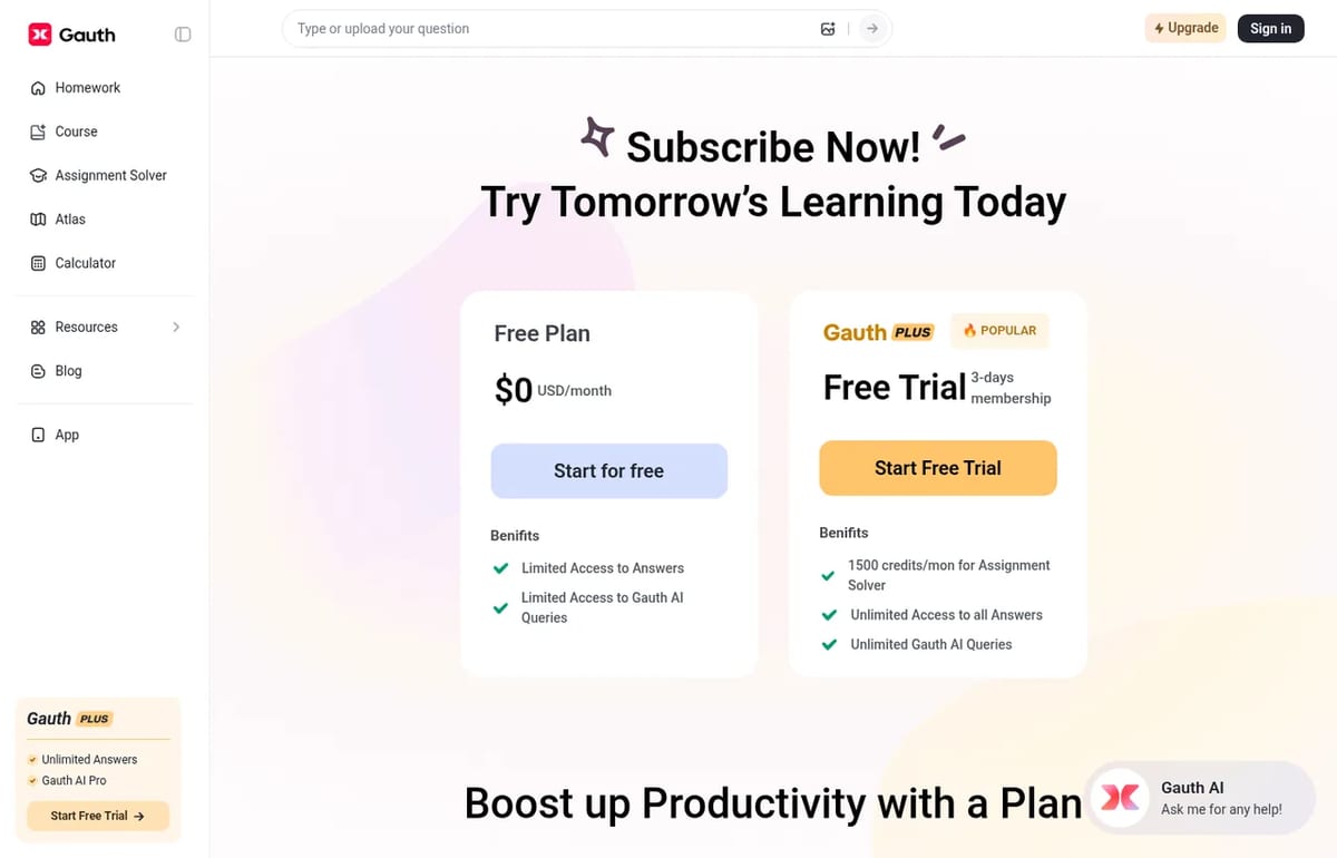 Gauth Plus plans
