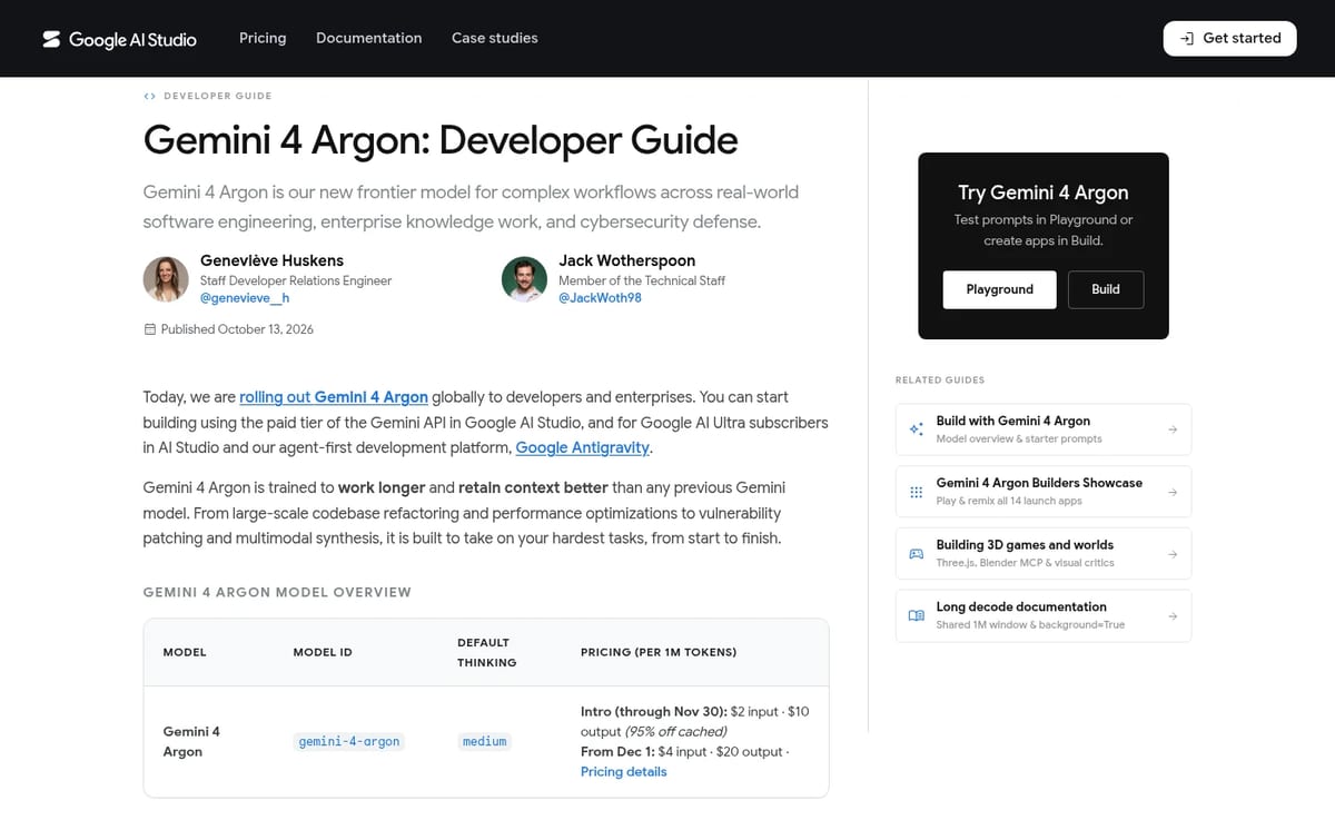 Google AI Studio Gemini 4 Argon developer guide with model ID and pricing