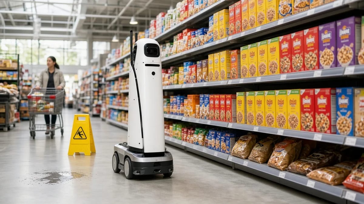 Autonomous robot in a grocery store aisle