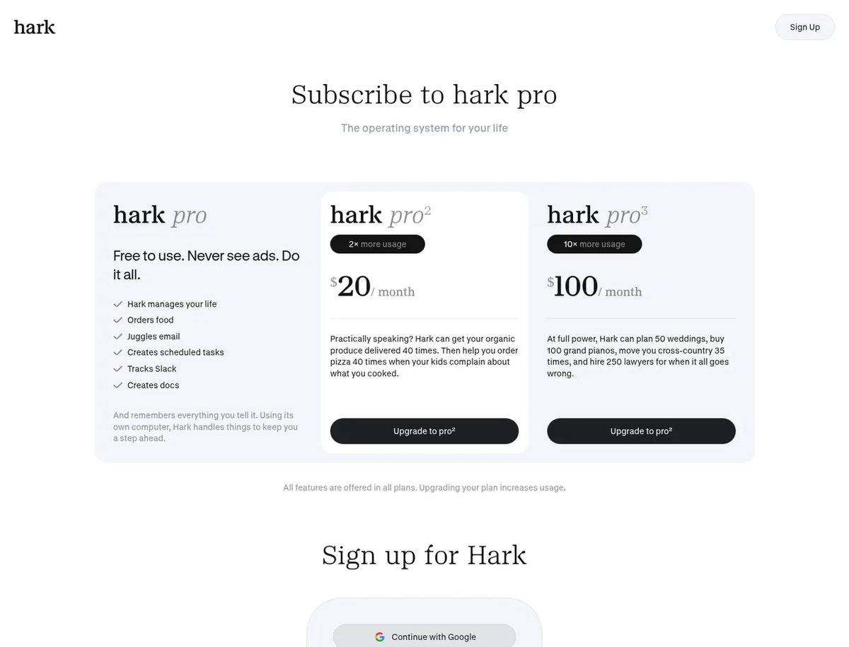 Hark Pro pricing: free, Pro² at $20/mo and Pro³ at $100/mo