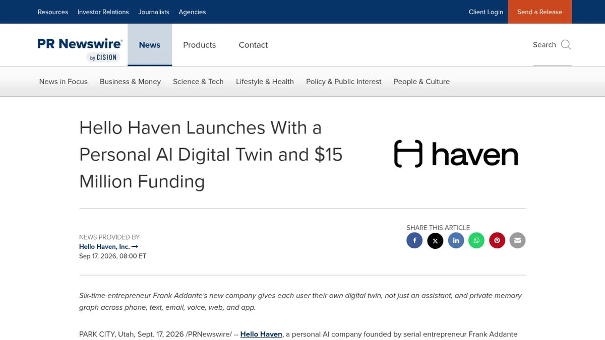 Press release: Hello Haven launches with a personal AI digital twin and $15M funding