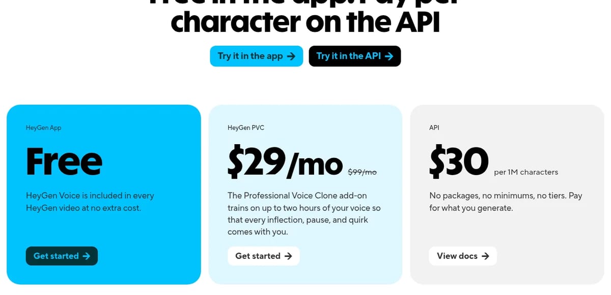 HeyGen Voice pricing: free in the app, Professional Voice Clone $29/mo (was $99), API $30 per 1M characters