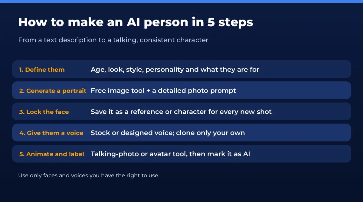 How to make an AI person in 5 steps: define, generate a portrait, lock the face, add a voice, animate and label
