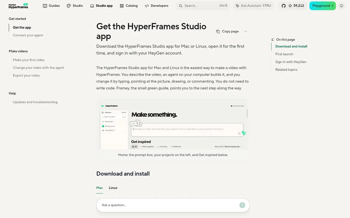 HyperFrames Studio app docs for Mac and Linux install