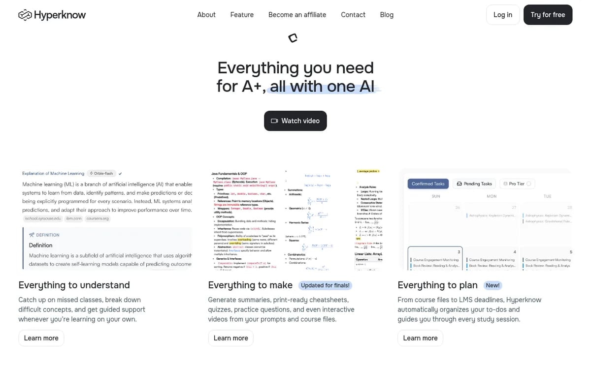 Hyperknow features for understanding, making study materials and planning