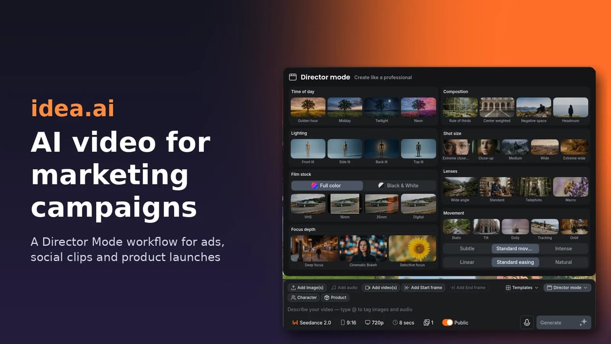 idea.ai AI video for marketing campaigns, showing the Director Mode panel in the video prompt bar