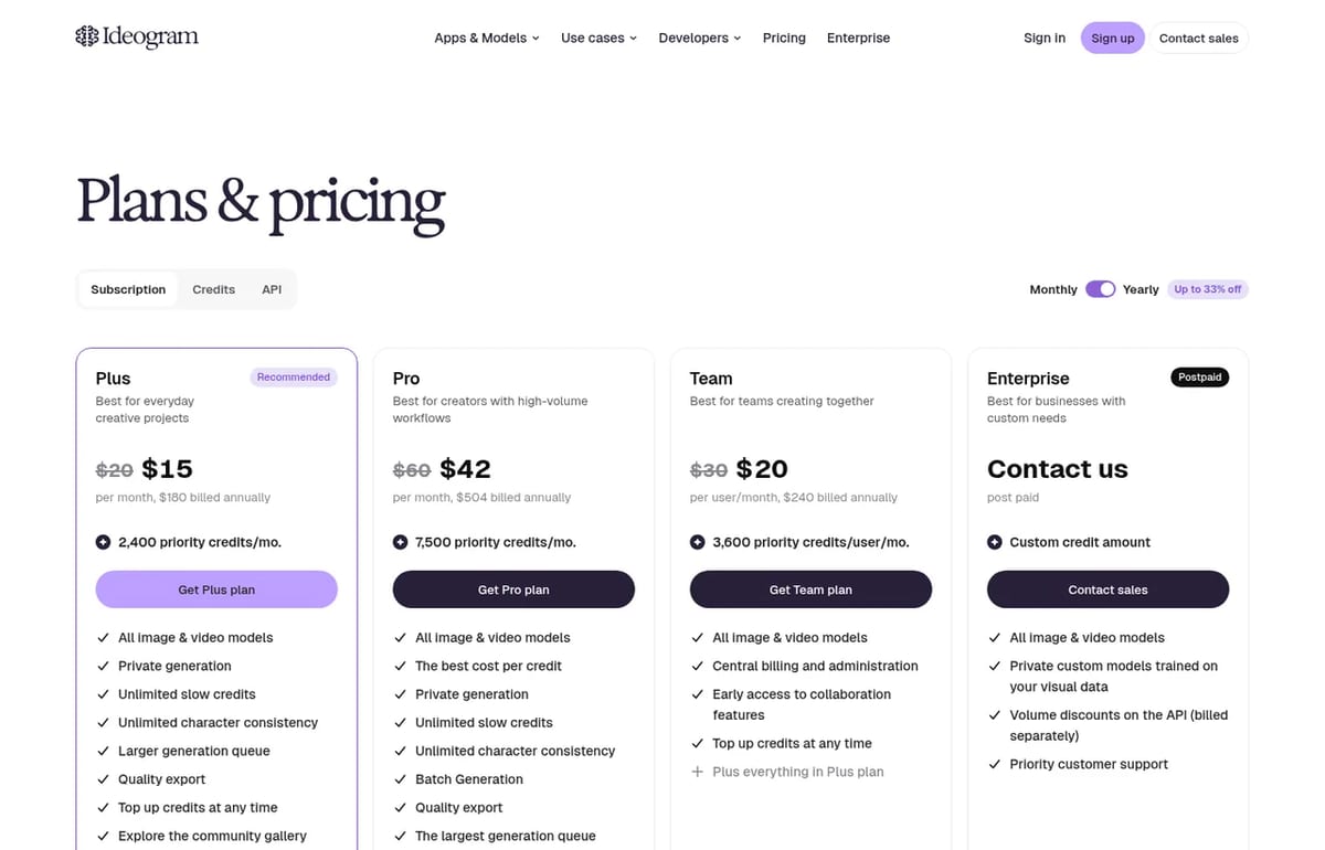 Ideogram pricing page: Plus $15, Pro $42 and Team $20 per month billed yearly