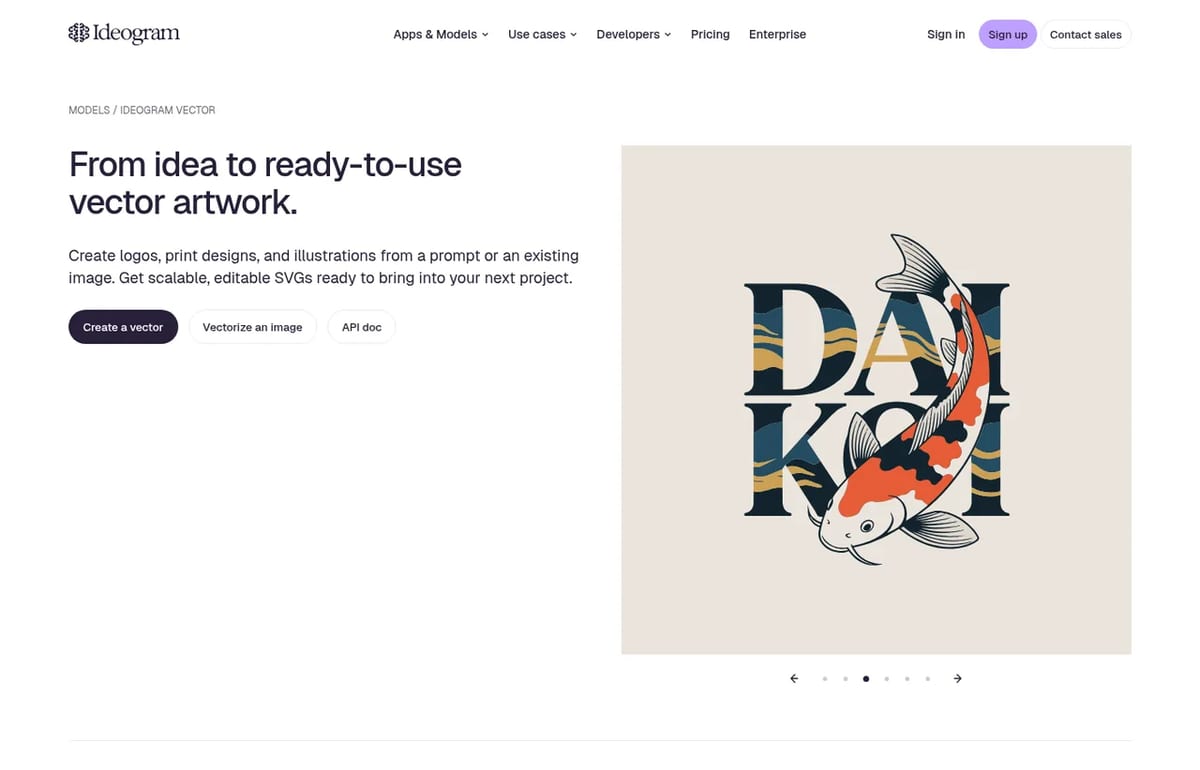 Ideogram Vector page: create editable SVG vector artwork from a prompt or an image