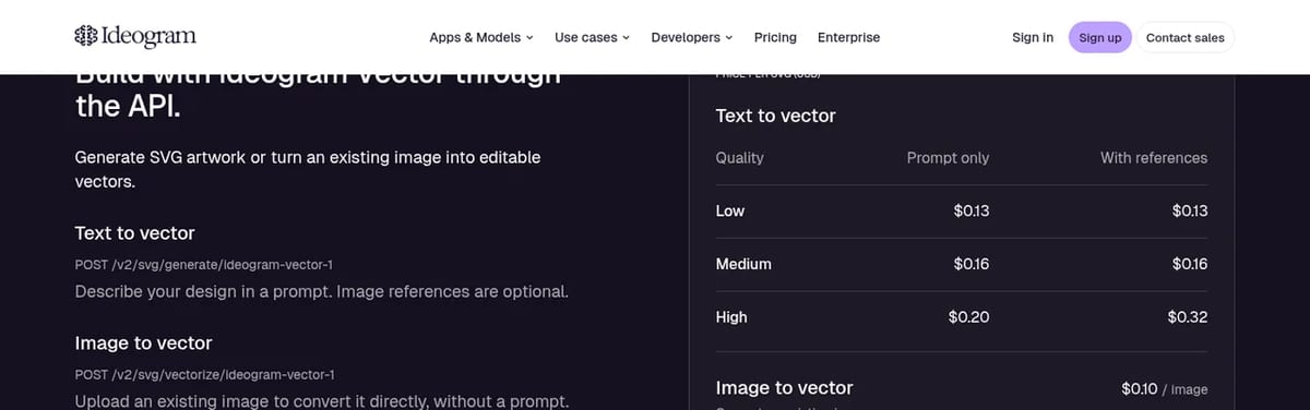 Ideogram Vector API price per SVG: $0.13 to $0.32 text to vector, $0.10 image to vector