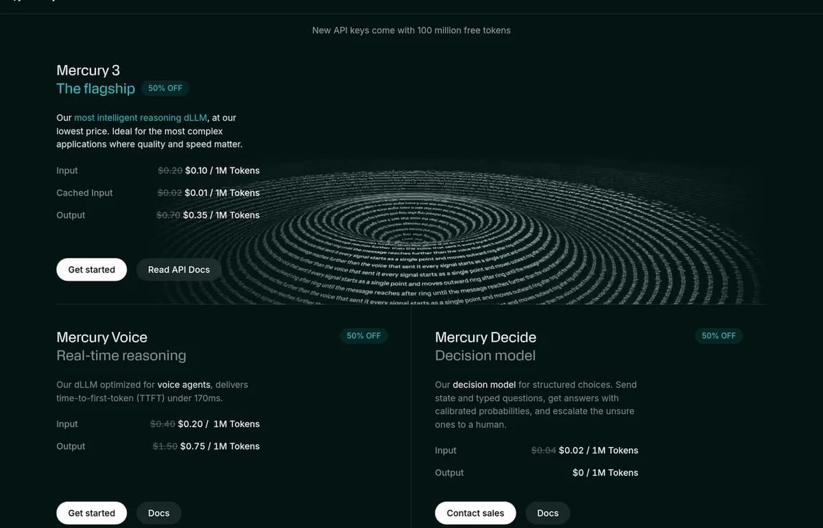 Mercury 3 launch pricing on Inception's models page