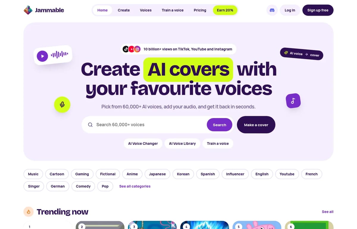 Jammable homepage for making AI covers with 60,000+ voices