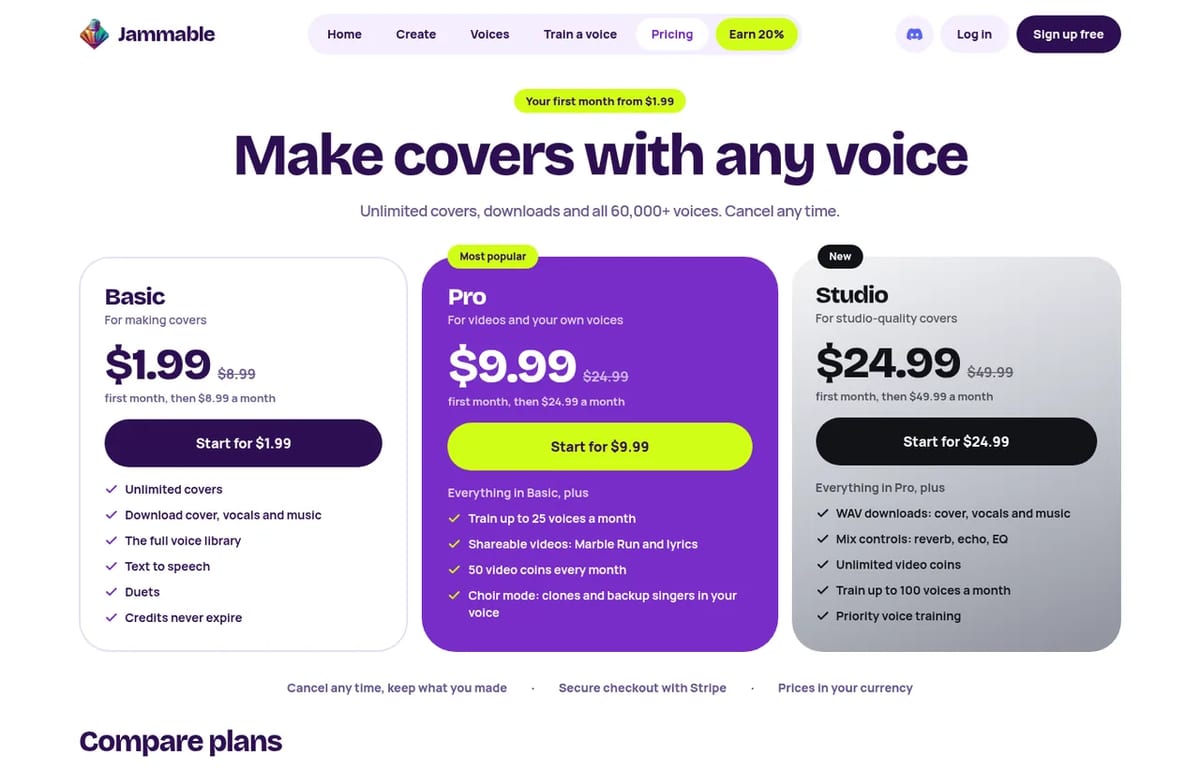 Jammable pricing page with Basic, Pro and Studio plans