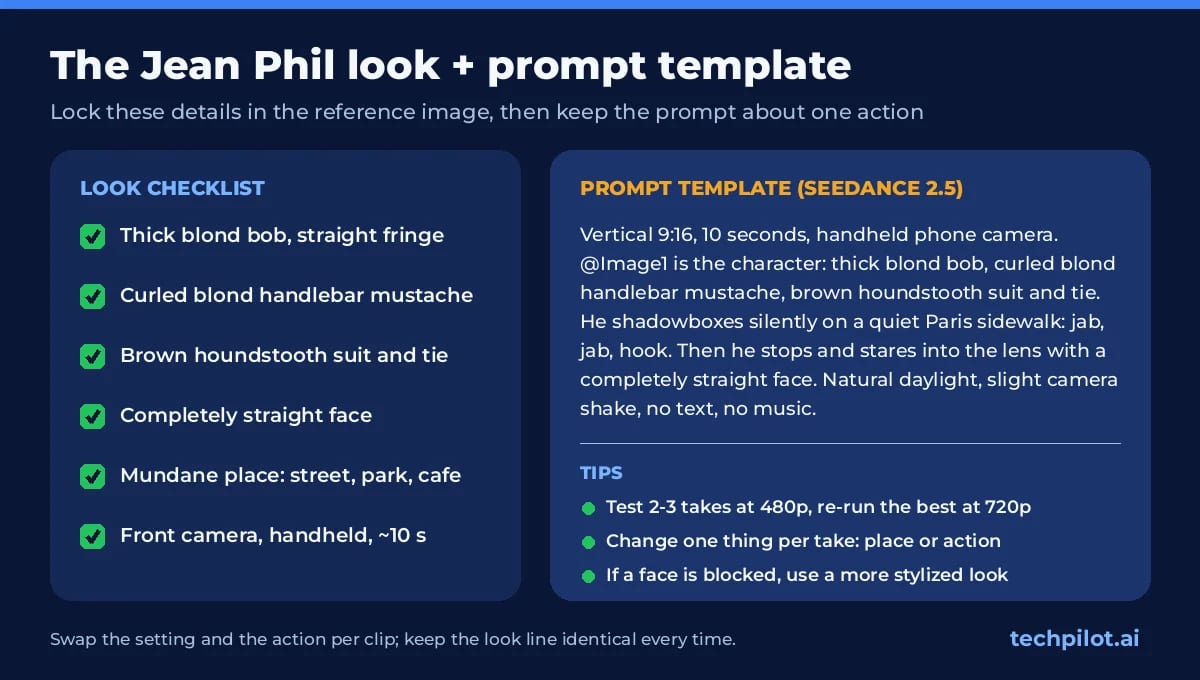 Jean Phil look checklist and Seedance 2.5 prompt template