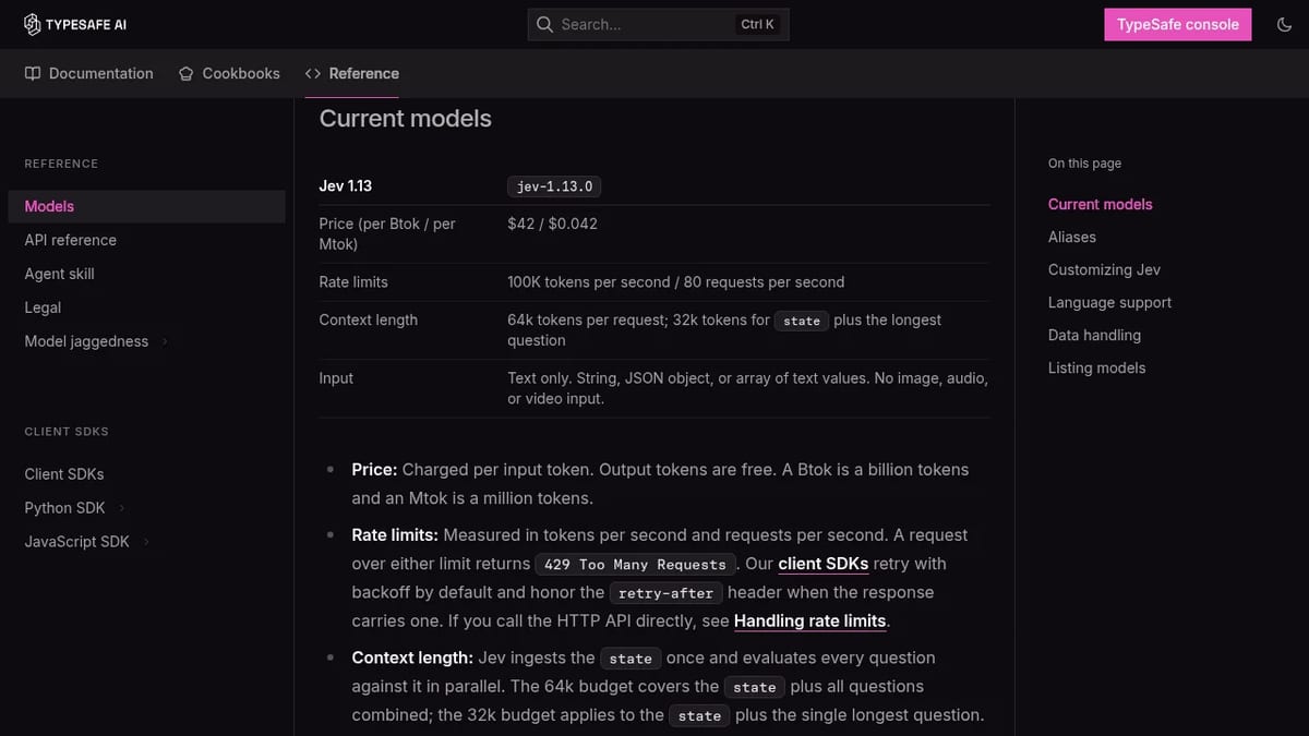 TypeSafe docs: Jev 1.13 price of $0.042 per million input tokens and rate limits