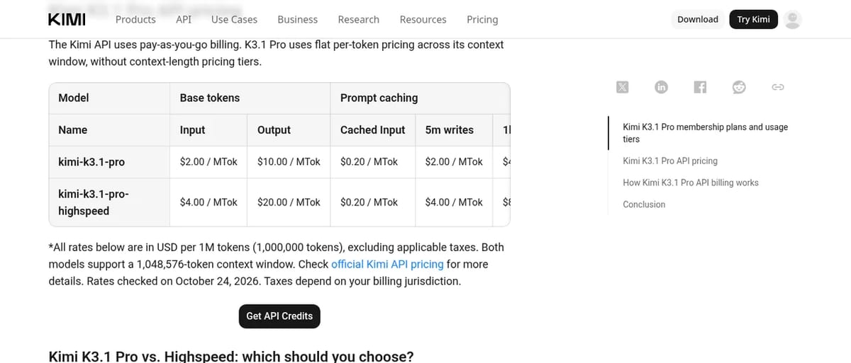 Kimi K3.1 Pro API pricing: $2 input and $10 output per 1M tokens, Highspeed $4 and $20