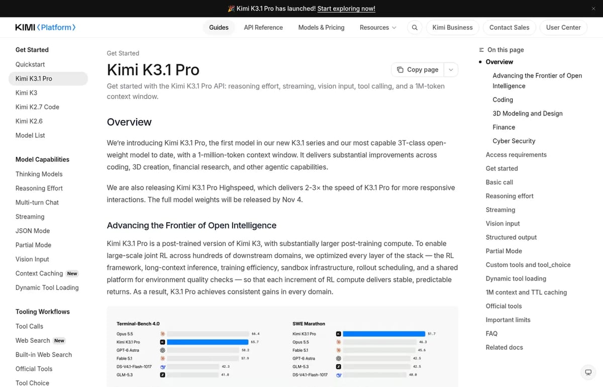 Kimi API Platform quickstart page for Kimi K3.1 Pro
