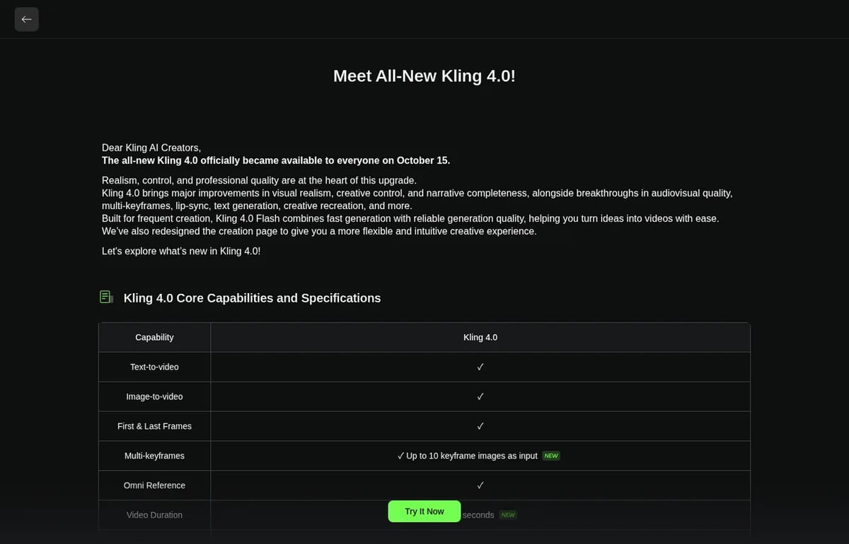 Kling release note: the all-new Kling 4.0 became available to everyone on October 15, 2026