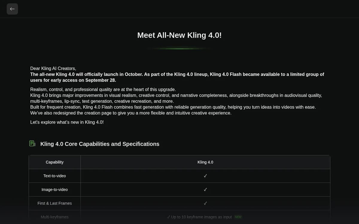 Kling 4.0 release note with the model's core capabilities and specifications