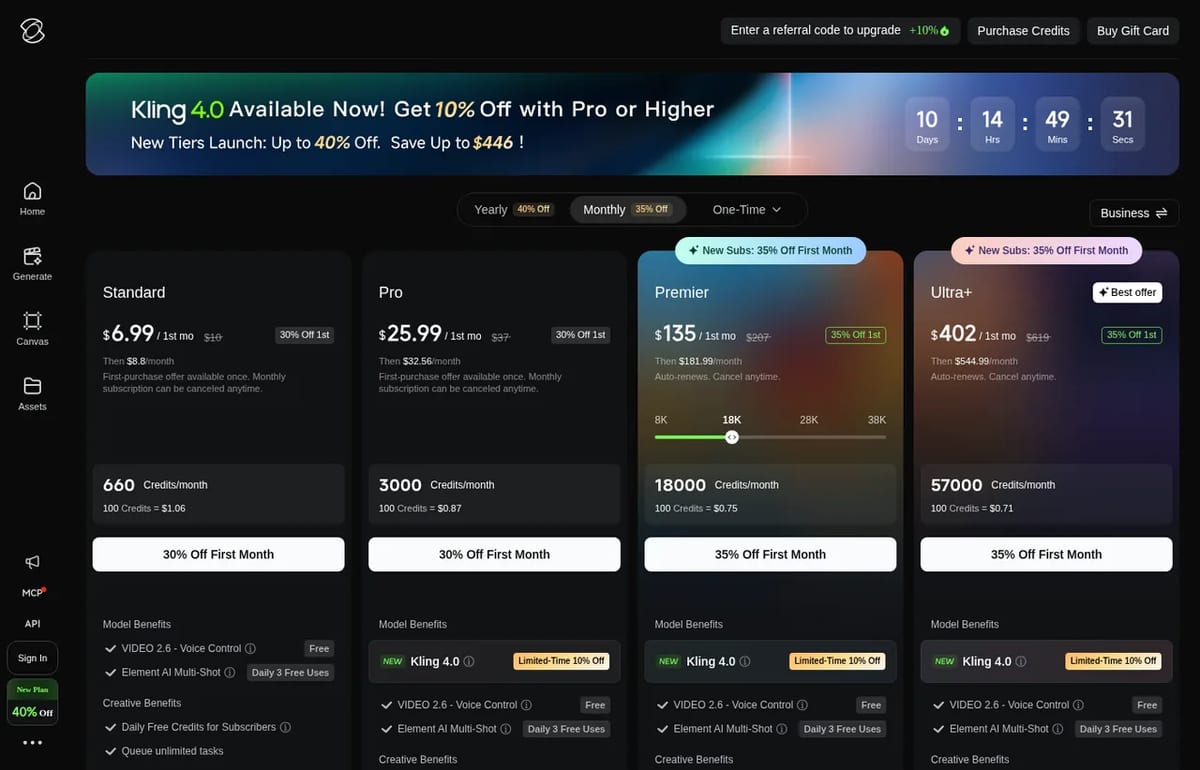 Kling AI membership page on October 19, 2026: Standard, Pro, Premier and Ultra+ monthly plans