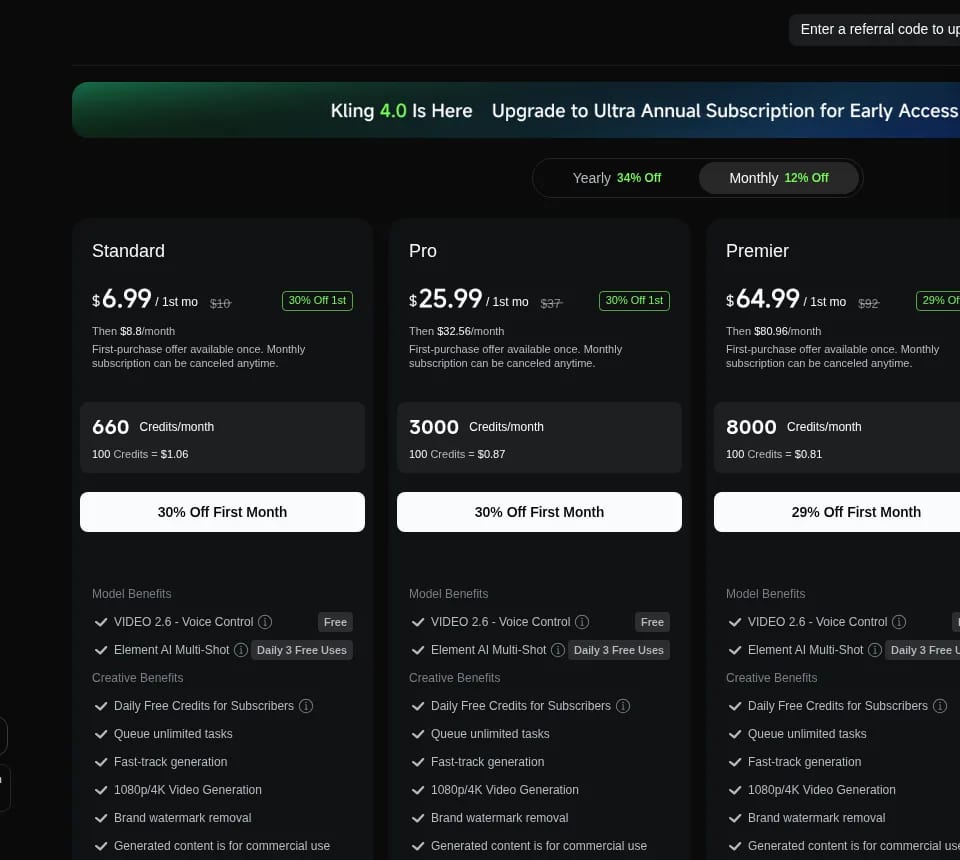 Kling AI membership plans: Standard, Pro and Premier monthly prices