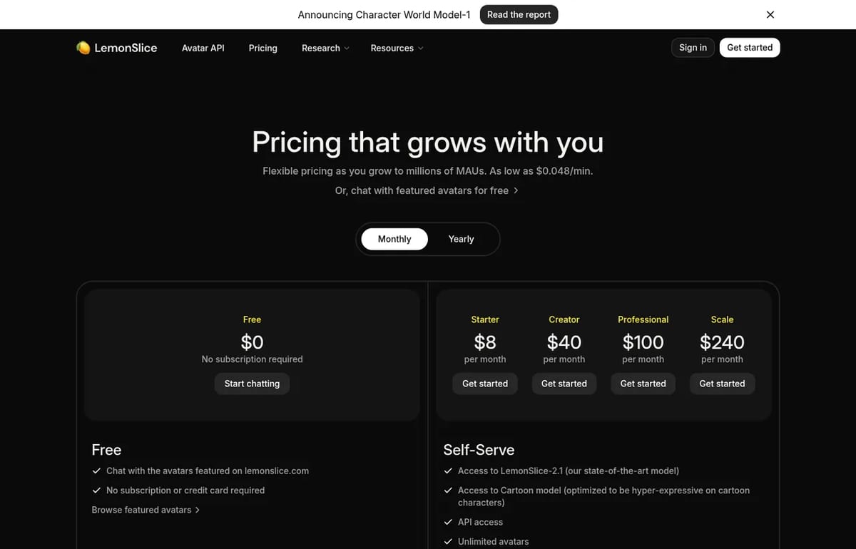 LemonSlice pricing: Starter $8, Creator $40, Professional $100, Scale $240