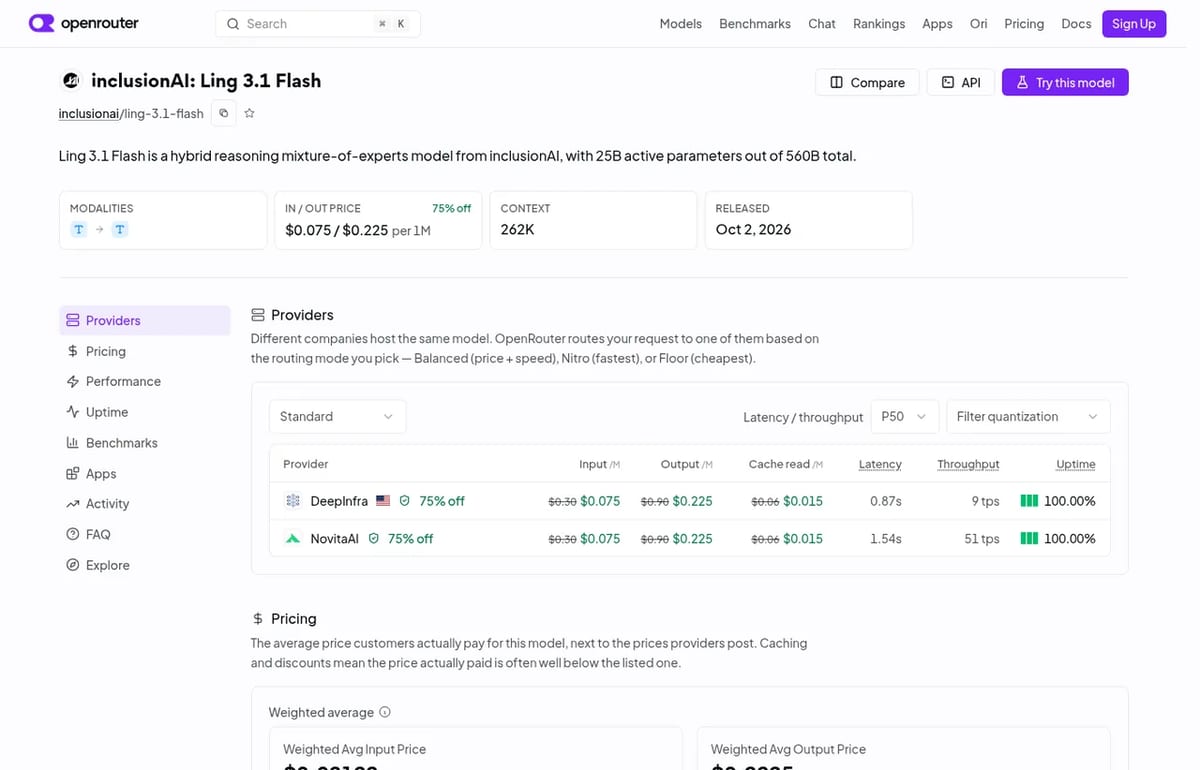 Ling 3.1 Flash on OpenRouter: providers and prices