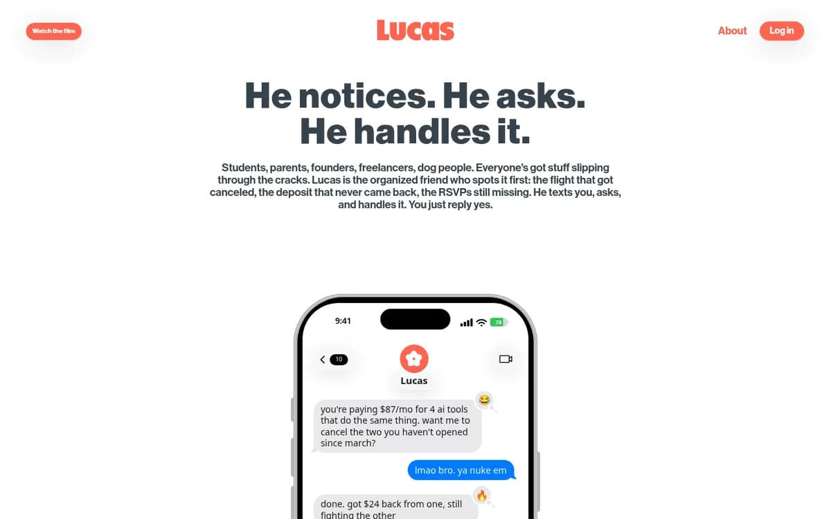 Lucas about page with a sample iMessage chat cancelling unused subscriptions