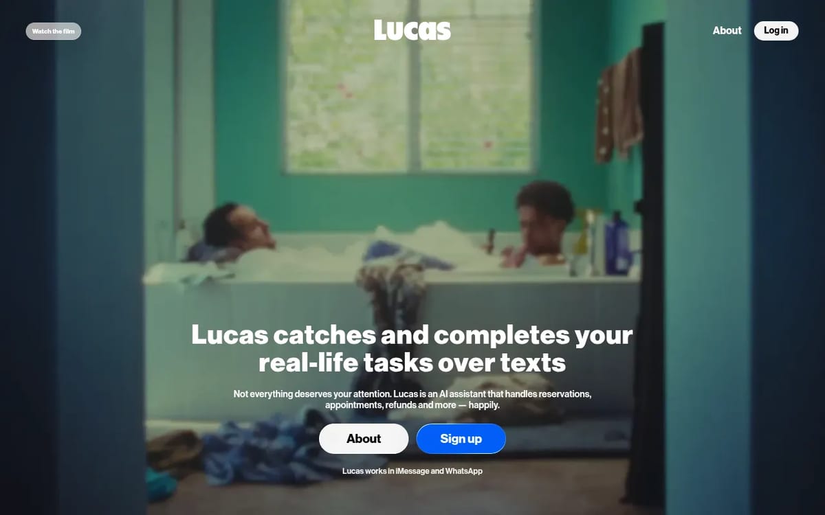Lucas homepage at meetlucas.ai: an AI assistant that handles tasks over texts