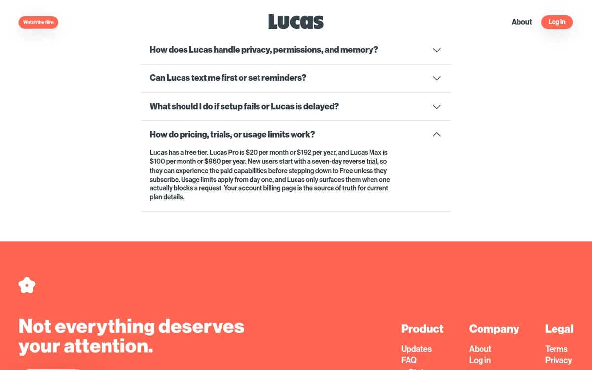 Lucas FAQ listing Free, Pro at $20 per month and Max at $100 per month