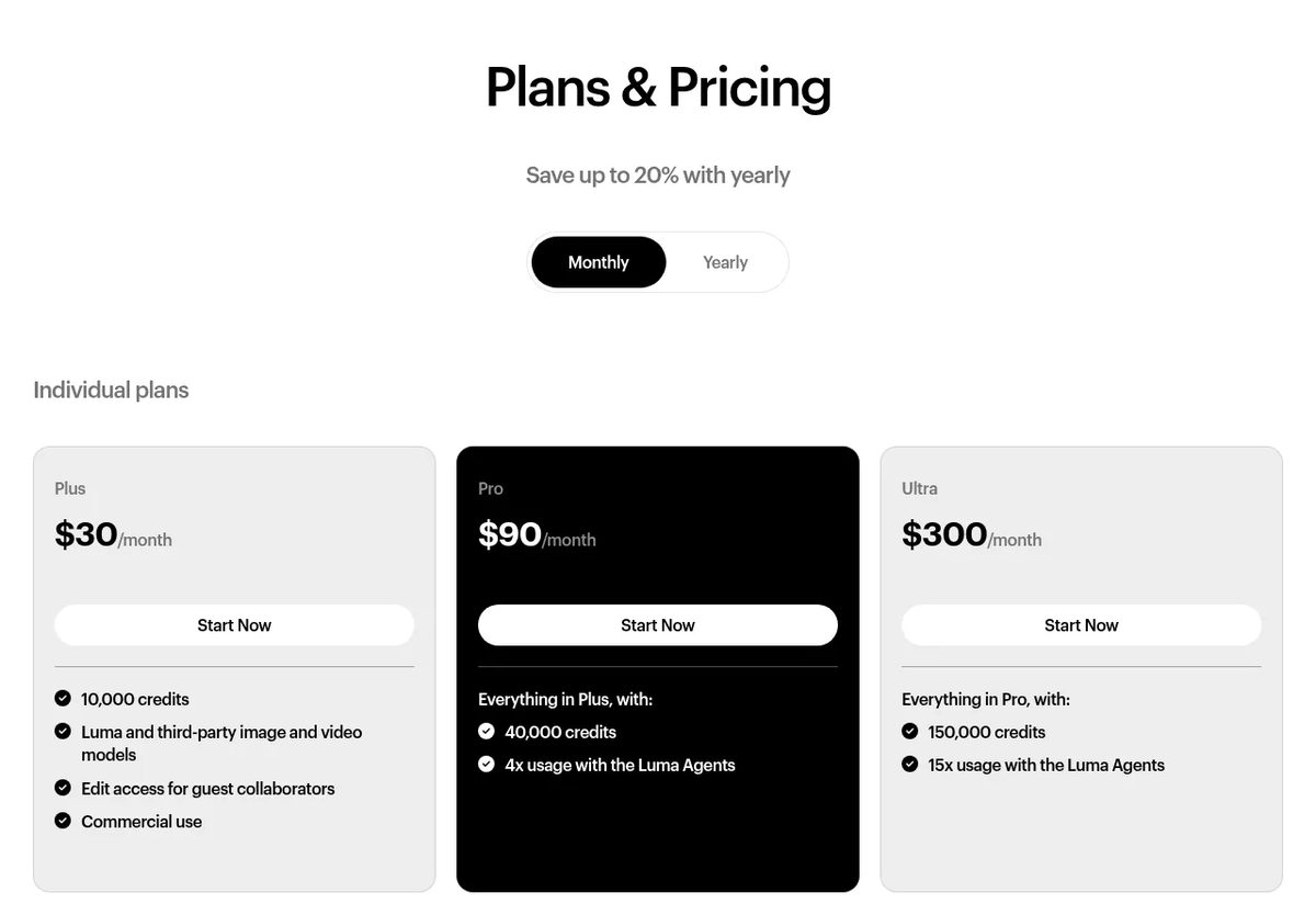 Luma plans on lumalabs.ai: Plus $30, Pro $90 and Ultra $300 a month, with up to 20% off yearly