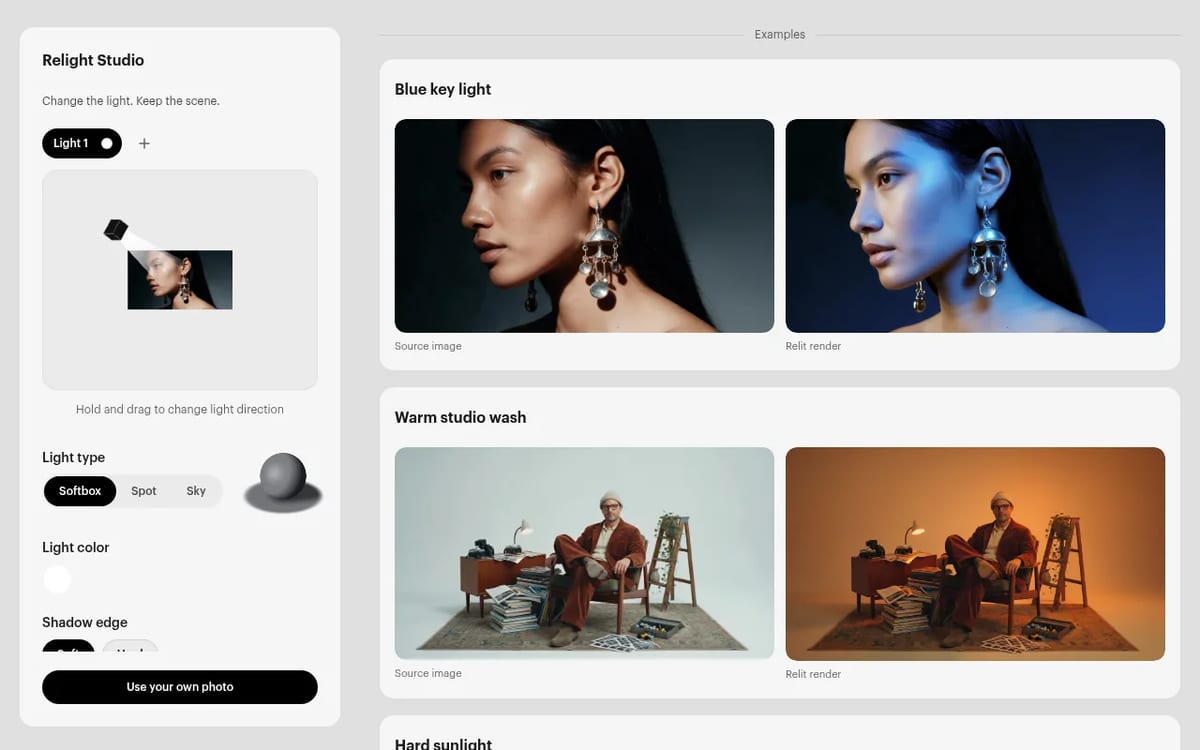 Luma Relight Studio: drag a light, pick softbox, spot or sky, and relight an existing photo