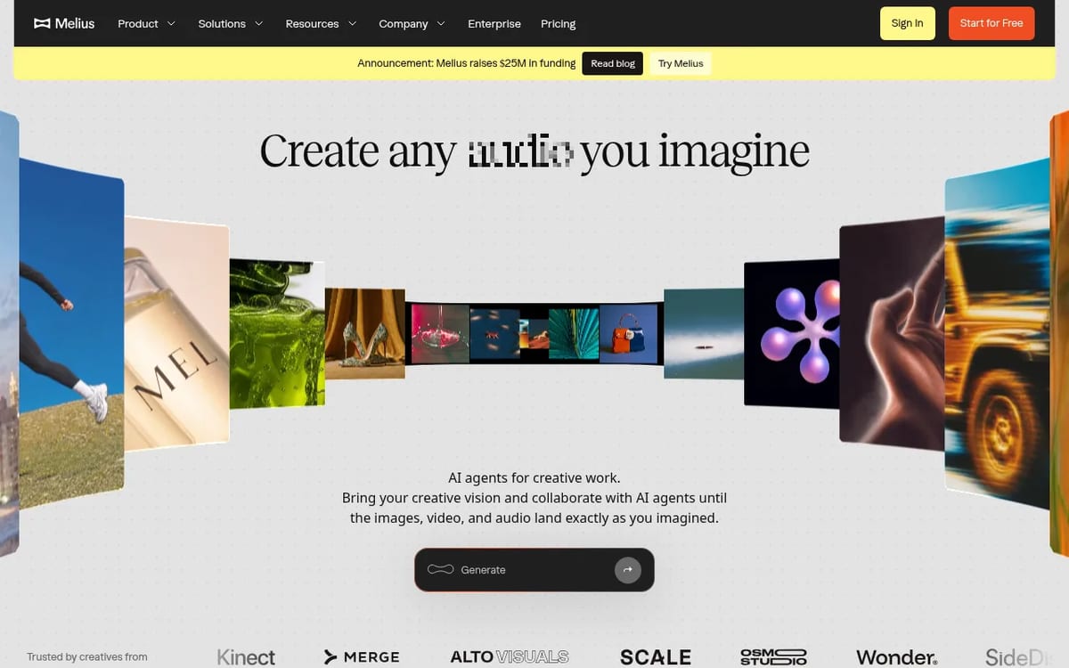 Melius homepage: AI agents for creative work, with sample campaign images and videos