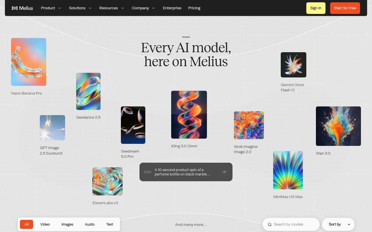 Melius models page listing Nano Banana Pro, Seedance 2.5, Kling 3.0 Omni and other models