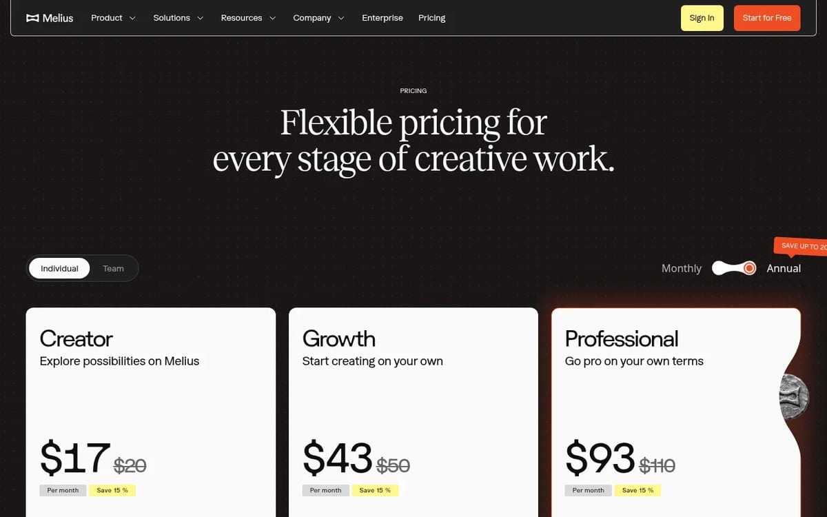 Melius pricing page showing Creator, Growth and Professional plans on annual billing