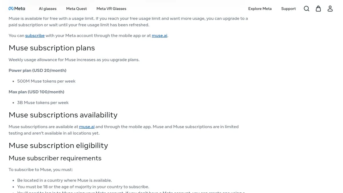 Meta Help Center: Muse subscription plans, Power $20 and Max $100 a month