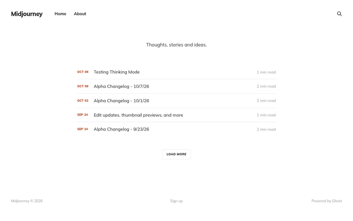 Midjourney updates page with the Oct 8, 2026 Thinking Mode test and alpha changelog