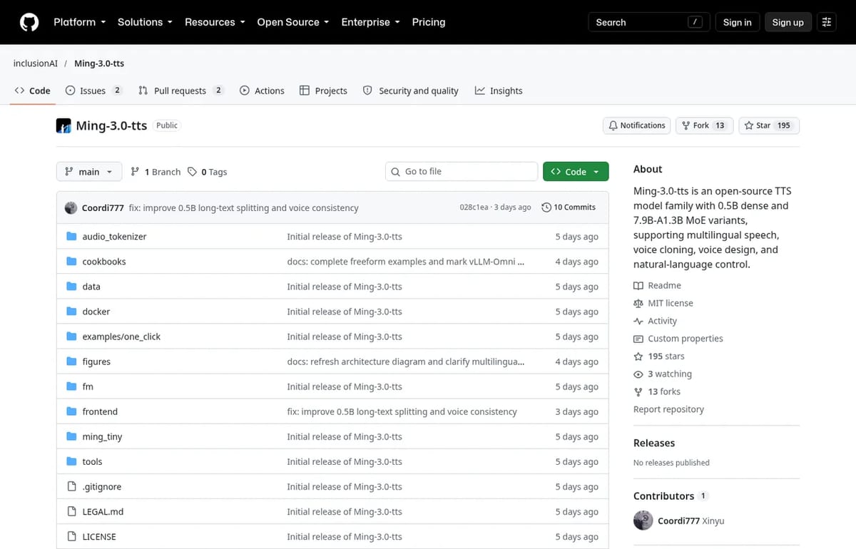 Ming-3.0-tts GitHub repository with inference code